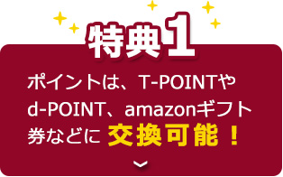 【特典1】ポイントは、T-POINTやd-POINT、amazonギフト券などに交換可能！