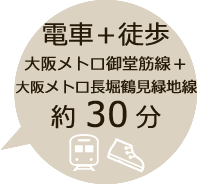 電車 大阪メトロ 御堂筋線＋大阪メトロ 長堀鶴見緑地線と徒歩で約30分