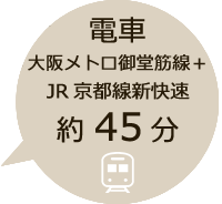 電車　大阪メトロ 御堂筋線＋JR京都線新快速約45分